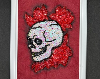 Embroidered Hand Beaded Skull with red flowers