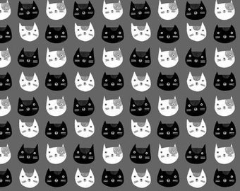 Cotton Quilt Fabric Cosmo Cat Heads in Charcoal by Terry Runyan Collection for Benartex