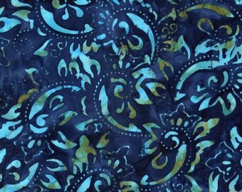 Cotton Batik Quilt Fabric Navy Aqua Paisley Vine from Bali Blooms for Benartex