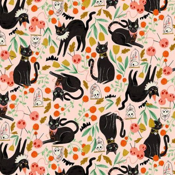 Cat Cotton Quilt Fabric, Creampuff Creepy Cats, Halloween Cat Fabric from Boo for Dear Stella