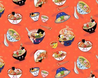 Ramen Theme Cotton Quilt Fabric Orange Happy Noodle by Freckle and Lollie Collection