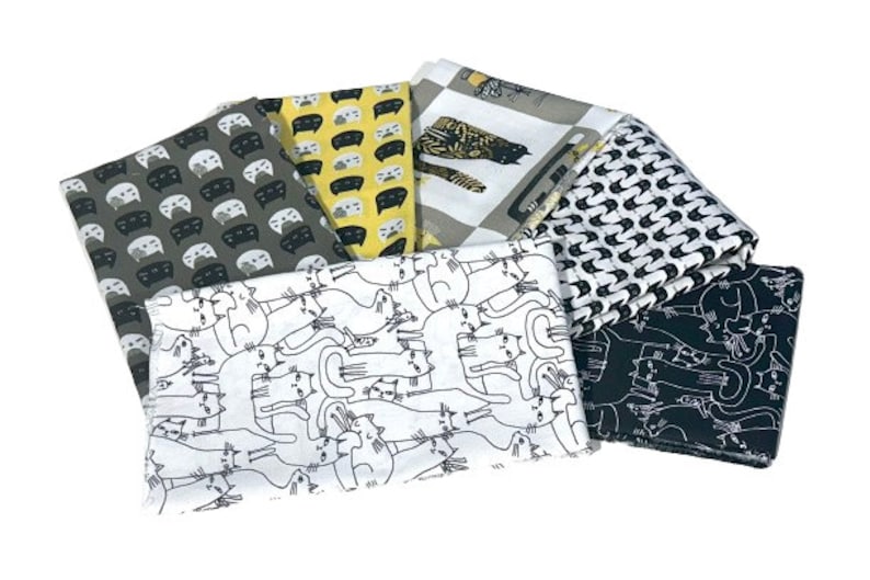 Cat Cotton Quilt Fabric Fat Quarter Bundle, 6 Pieces, in Yellow, Black and White image 1