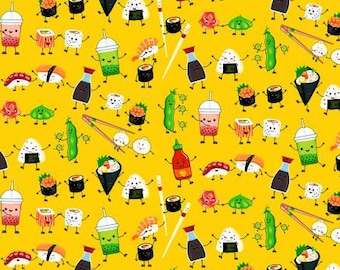 Cotton Quilt Fabric Yellow Sushi and Friends by Freckle and Lollie Collection