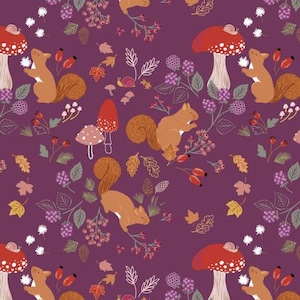 May include: A purple background with a repeating pattern of squirrels, mushrooms, leaves, and berries. The squirrels are brown and have bushy tails. The mushrooms are red with white spots. The leaves are green, orange, and yellow. The berries are red.