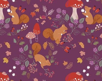 Cotton Quilt Fabric A Squirrel's Tale on Soft Mulberry Purple from Lewis and Irene Fabrics