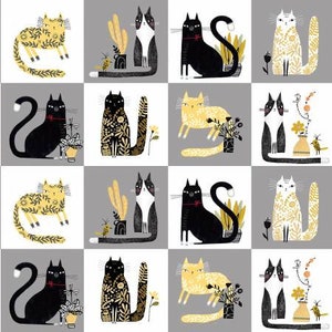 Cat Cotton Quilt Fabric Fat Quarter Bundle, 6 Pieces, in Yellow, Black and White image 4