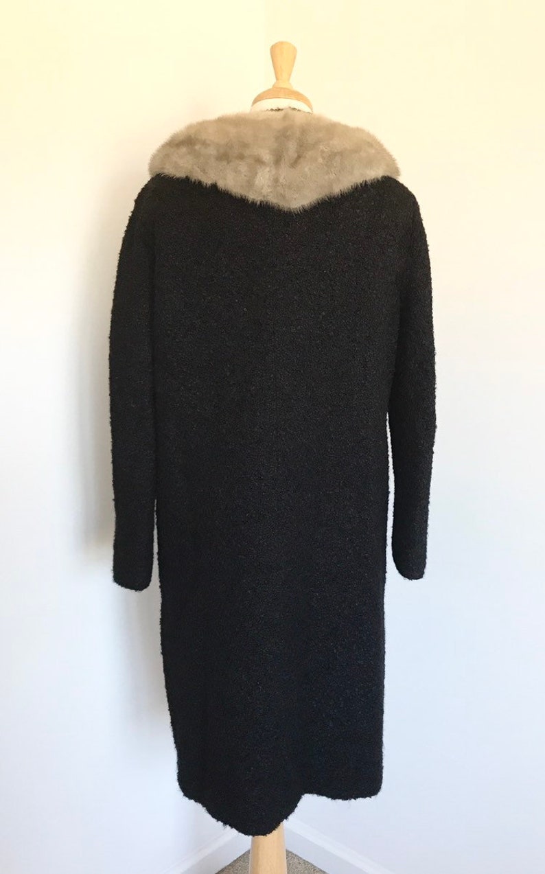 Mid century black boucle wool coat with gray mink fur collar | Etsy