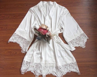 Satin White Bridal Robe-long sleeve-with wide lace trims on sleeves and hem-Wedding Bride Getting Ready robe