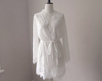 Bridal Lace Sheer Robe-Honeymoon robe-Lace Robe-Bride getting ready robe-knee length/floor length