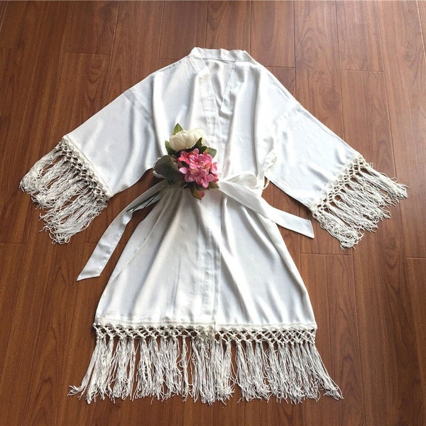 Wedding Bride Getting Ready robe-White Tassel Kimono Robe(with Fringe lace trims)-beach wedding robe