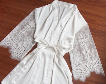 Satin White Bridal Robe with Sheer Lace Sleeves Long Sleeve- bride getting ready robe