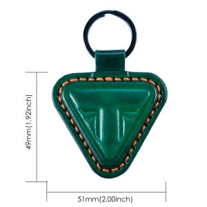 May include: Green leather key chain with a triangle shape and orange stitching. The keychain is 2.00 inches wide and 1.92 inches tall.