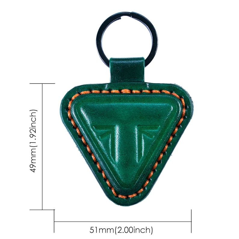 May include: Green leather key chain with a triangle shape and orange stitching. The keychain is 2.00 inches wide and 1.92 inches tall.