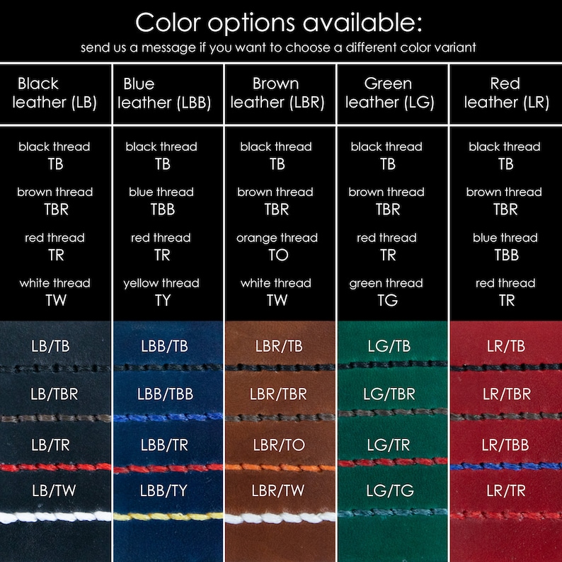 May include: A chart showing different color options for leather and thread. The leather colors are black, blue, brown, green, and red. The thread colors are black, blue, brown, orange, red, white, yellow, and green.