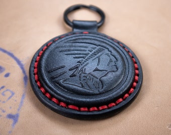 Handmade leather keychain key fob personalised motorcycle leather keychain gift INDIAN HEAD Black and Red
