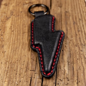 Beautiful handmade leather keychain BOLT BLACK with red thread