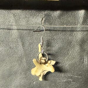 May include: A single earring featuring a small, off-white, irregularly shaped animal vertebra bone suspended from a silver-toned metal jump ring and a standard silver-toned fishhook ear wire, designed for hanging from a thin wire.