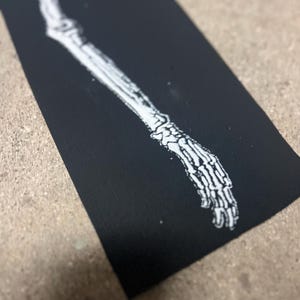 K&ouml;nnte beinhalten: Eine schwarze rechteckige Karte zeigt eine wei&szlig;e Illustration eines menschlichen Arm- und Handskeletts. Das Skelettdesign ist detailliert, mit sichtbaren Knochen und Gelenken. Das Bild ist eine Nahaufnahme, die den Kontrast zwischen der wei&szlig;en Illustration und dem schwarzen Hintergrund hervorhebt.