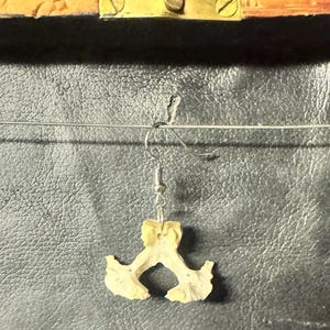 May include: A single earring featuring a small, off-white, textured bone fragment suspended from a silver-toned metal hook. The organic, irregular shape of the bone displays natural ridges and a central opening, hanging from a simple wire loop.