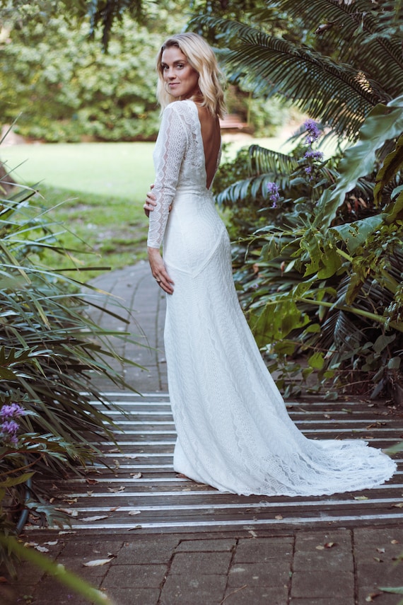 wedding dress lace long sleeve low back