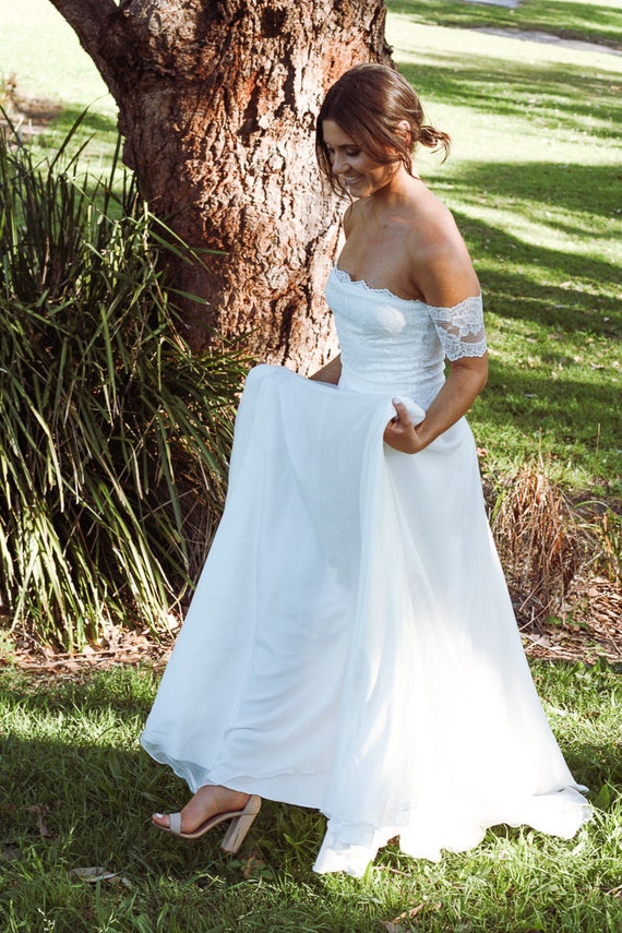 off the shoulder hippie wedding dress