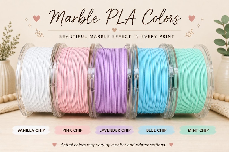 May include: Five clear plastic spools of marble PLA filament in white, pink, lavender, blue, and mint green. Text reads: Marble PLA Colors, BEAUTIFUL MARBLE EFFECT IN EVERY PRINT, VANILLA CHIP, PINK CHIP, LAVENDER CHIP, BLUE CHIP, MINT CHIP.
