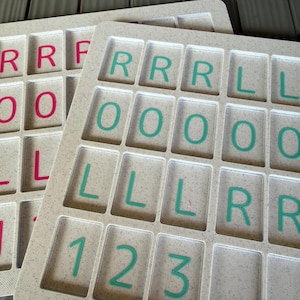May include: Two off-white speckled plastic trays with rectangular recessed compartments. The front tray features teal letters R, L, and numbers 1, 2, 3. The back tray features pink letters R, L, and O. Each compartment is arranged in a grid pattern.