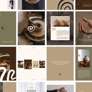 May include: A collection of images showcasing the process of creating pottery. The images feature a potter's wheel, hands shaping clay, and finished pottery pieces. The text "Shaped by hand" and "Grounded in Earth" are also included in the images.