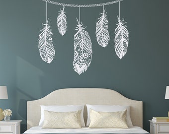 Boho Feather Wall Decal – Tribal Bedroom Vinyl Art P100