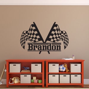 Custom Name Racing Car Tire Checkered Flags Wall Decal - Personalized Racing Car Flag Vinyl Stickers For Boys Room, Sports Wall Stickers 248