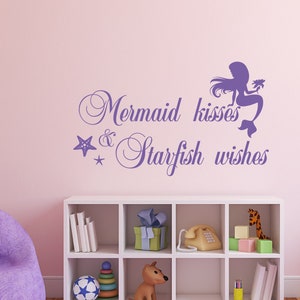 Mermaid Kisses And Starfish Wishes Vinyl Wall Decal Quote- Mermaid Wall Decal for Girls- Girls Nursery Wall Decal Mermaid Theme Decor 119
