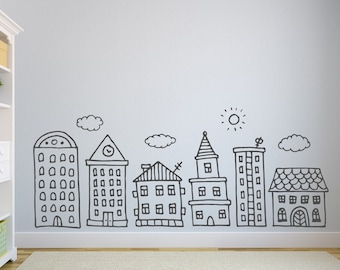 Vinilo decorativo con silueta de ciudad garabateada: decoración infantil de vinilo pintada a mano P243