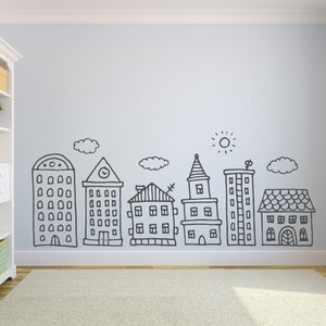 Doodled Town Skyline Wall Decal - Handpainted House Vinyl Decal for Kids Rooms, Boys Nursery, Day Cares, Schools, Libraries, Playrooms 243