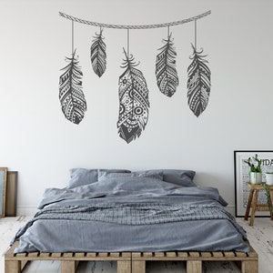 Calcomanía de pared con plumas, decoración de dormitorio boho - Decoración de pared de dormitorio principal - Calcomanía de pared para dormitorio, decoración con plumas - Decoración de pared boho {100}