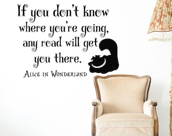 Alice In Wonderland Wall Decal- Cheshire Cat Wall Sayings If You Don&#39;t Know Where You&#39;re Going-- Alice In Wonderland Wall Quote Decal 088