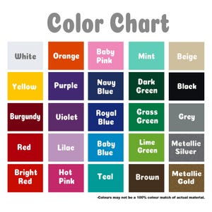 May include: Color chart with 20 different color swatches. The colors include white, orange, baby pink, mint, beige, yellow, purple, navy blue, dark green, black, burgundy, violet, royal blue, grass green, grey, red, lilac, baby blue, lime green, metallic silver, bright red, hot pink, teal, brown, and metallic gold.
