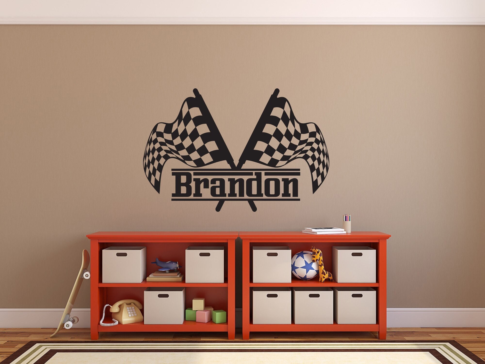 Adesivo Murale Personalizzato Per Cameretta - Nome Con Bandiere A Scacchi Tema Auto Da Corsa - Foto 9