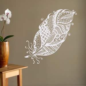Calcomanía de pared con plumas boho - Decoración de pared con plumas - Decoración de dormitorio boho - Decoración de dormitorio boho - Calcomanía de pared con bosque - Calcomanía de pared con plumas para dormitorio 110