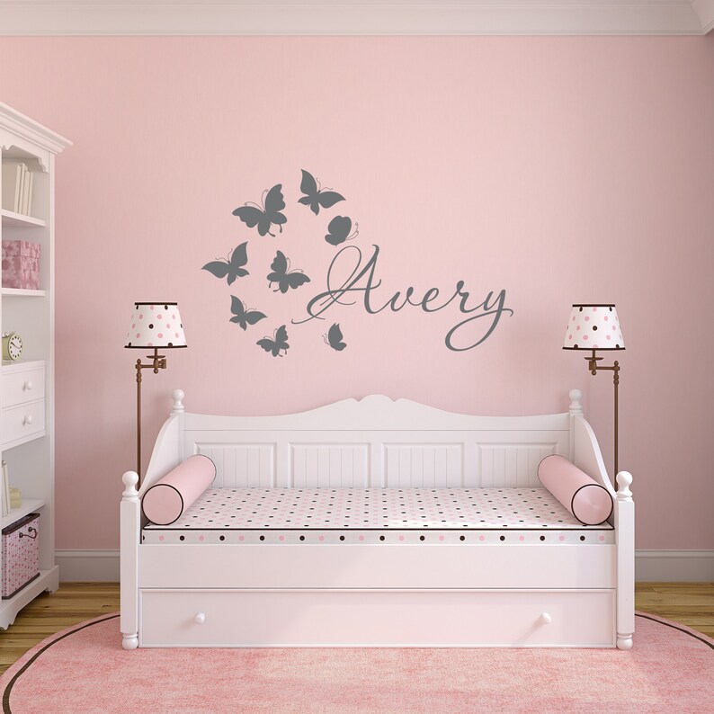 Custom Name Wall Decal Girl With Butterflies Baby Name Wall Etsy
