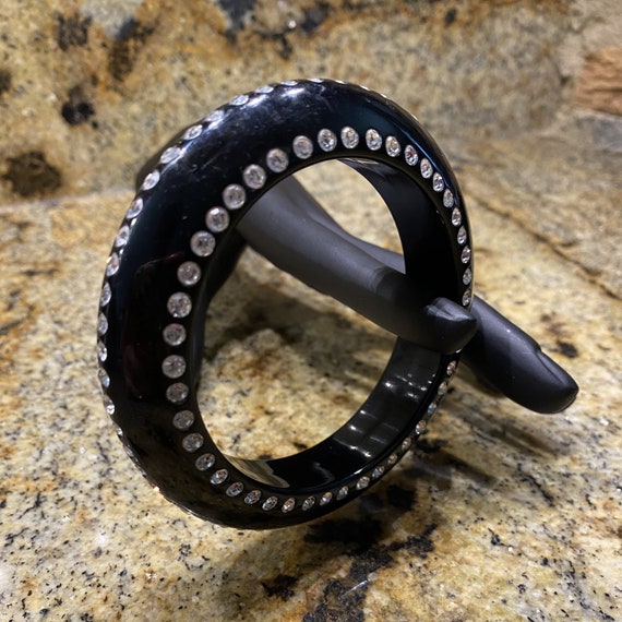 Mid Century Black Plastic Bangle Bracelet  with 3… - image 2