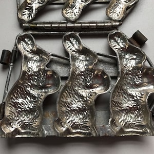 Antique Rabbit, Chocolate, Food Mold, Metal Pewter, Standing Rabbits With Eggs Hinged  # 213