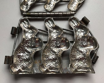 Antique Rabbit, Chocolate, Food Mold, Metal Pewter, Standing Rabbits With Eggs Hinged  # 213