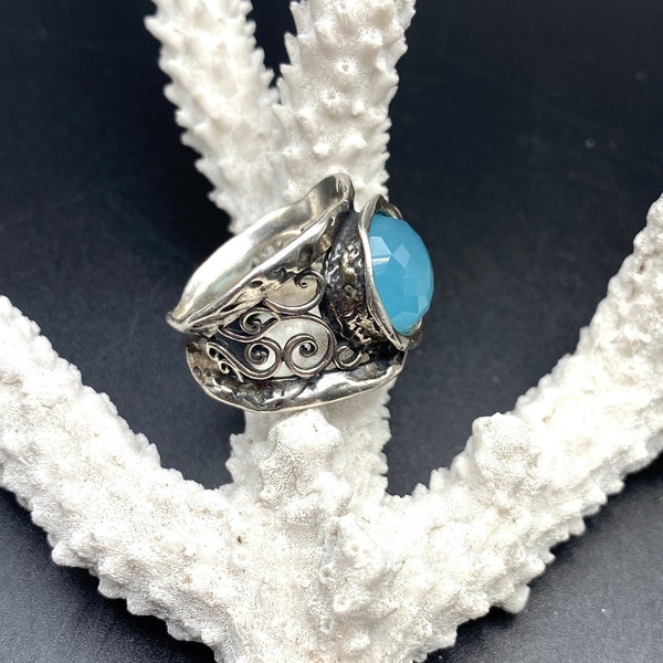 Modernist Freeform Ring  LIRM Israel Roman Glass Tamir Noa Zuman Sterling gift Vintage #864