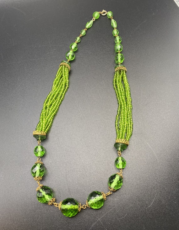 Czech Necklace Faceted Green Glass Marked Czechosl