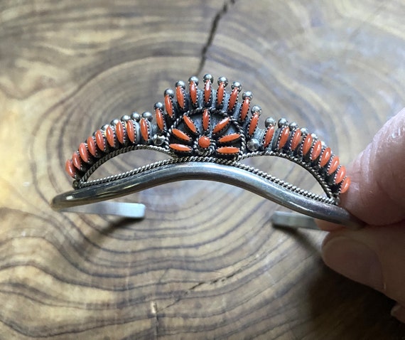 Native American Signed Vintage Zuni Coral Needle Sterling Silver Bracelet Native American Signed Vintage Zuni Coral Needle Sterling Silver Bracelet