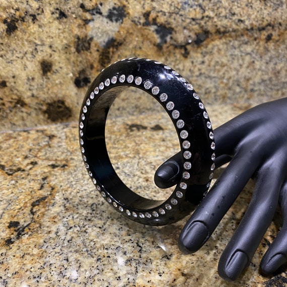 Mid Century Black Plastic Bangle Bracelet  with 3… - image 1