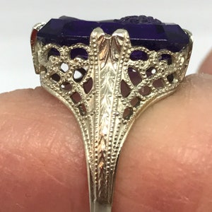 14K Filigree  White  Gold Amethyst Czech Glass Cameo  Ring Authentic Art Deco Size 4.75 #362