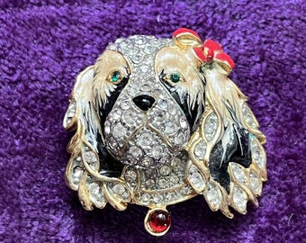 Vintage Dog Brooch Pin, Lahasa Apso, Rhinestones, Enamel Gold tone, Silver tone  #2104