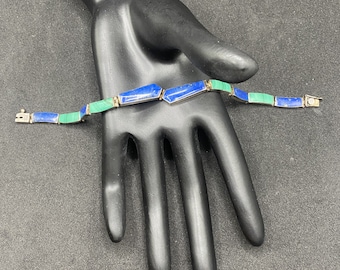 Vintage Lapis Lazuli Malachite 950 Sterling Silver Bracelet, 7 Inch