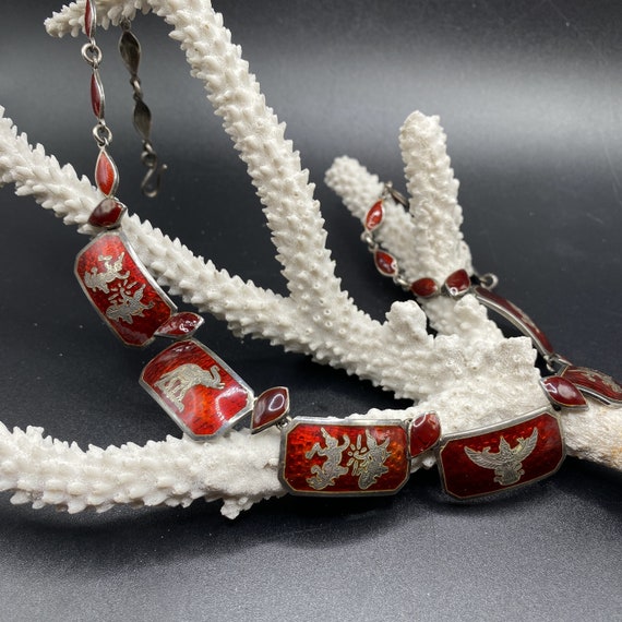 Siam Silver Necklace Red Enamel Guilloche Dancers… - image 3